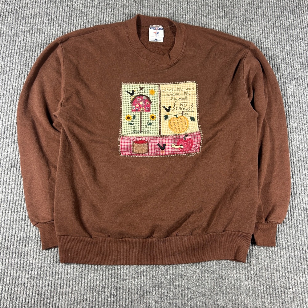 Vintage Jerzees Sweatshirt Women's L Brown Harvest Pumpkin Patchwork USA